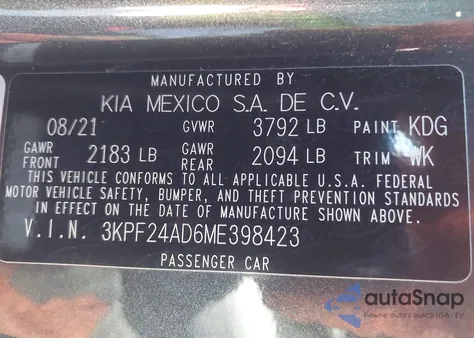 2021 Kia Forte Lxs из США, поврежденный, VIN 3KPF24AD6ME398423